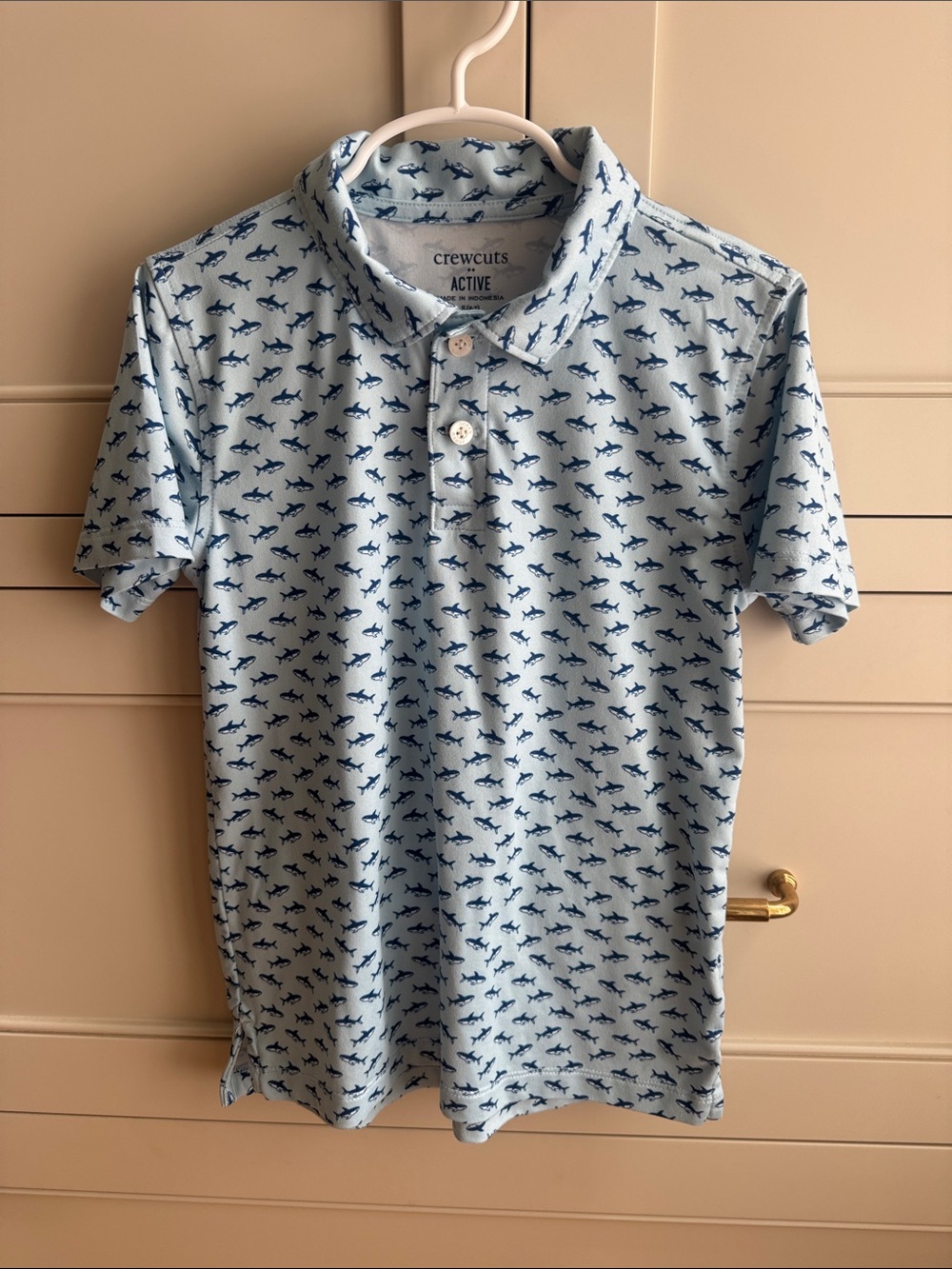 Crewcuts Light Blue Polo with Navy Shark Print 6/7